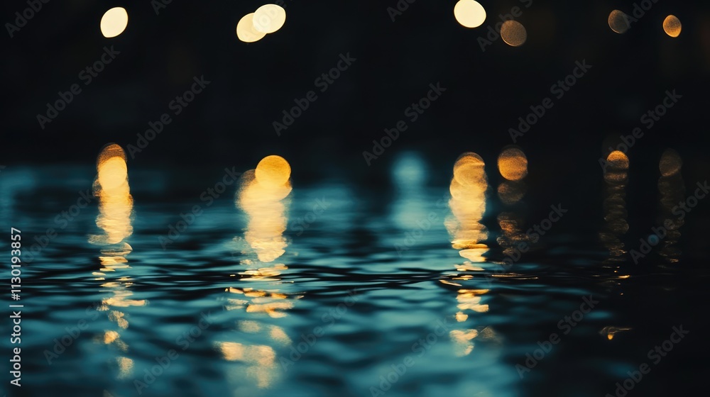 Poster nighttime bokeh effect with shimmering reflections on water creating an abstract and serene ambiance