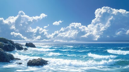 Serene coastal landscape with clear ocean waves, blue skies and fluffy clouds creating a tranquil natural scenery for relaxation and inspiration.
