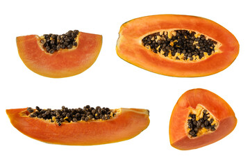 Set of variety slices of papaya fruit isolated on transparent background. Papaya fruit pieces for...