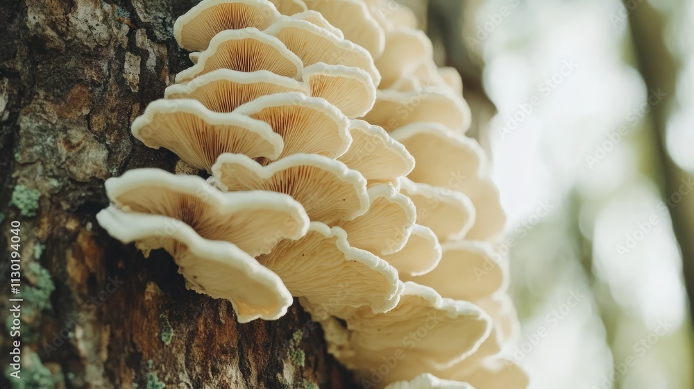 Poster selective focus on the underside of birch polypore mushrooms growing on a textured tree trunk in a s