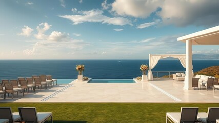 A breathtaking view of a luxurious oceanfront property with a stunning panoramic backdrop, vacation, landscape