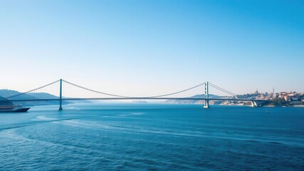 Obraz premium Iconic Bosphorus Bridge connecting Europe and Asia in Istanbul under clear blue sky, landmark, infrastructure, 15 Temmuz Sehitler K?pr?s?