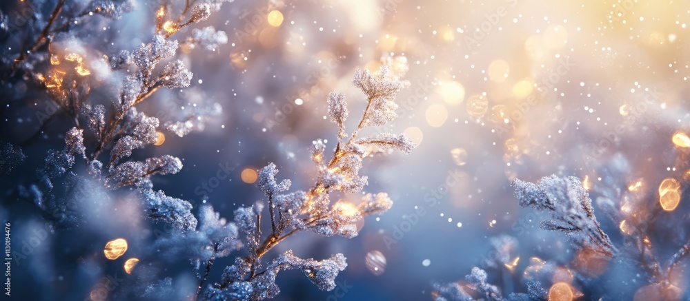 Aufkleber winter holiday background featuring sparkling snow-covered branches and soft bokeh lights creating a