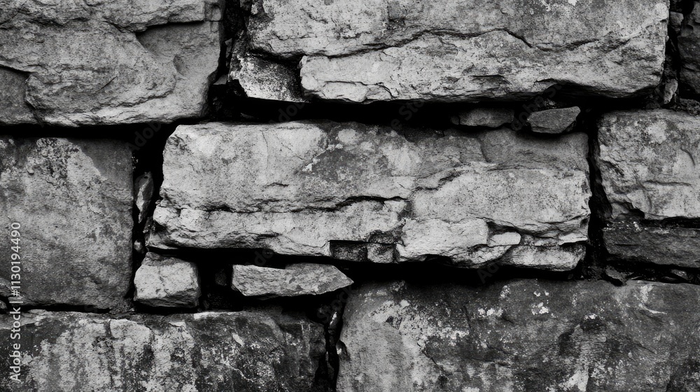 Poster textured background of aged stone wall with rough, irregular surfaces in monochrome tones suitable f