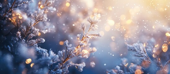 Winter holiday background featuring sparkling snow-covered branches and soft bokeh lights creating a warm festive atmosphere
