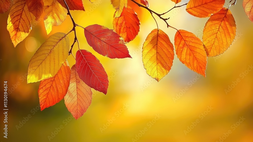 Poster autumn leaves in vivid colors on a tree branch with a soft blurred background capturing the essence 