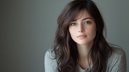 Fototapeta premium Elegant studio portrait of a beautiful young brunette woman with a soft expression against a neutral grey background