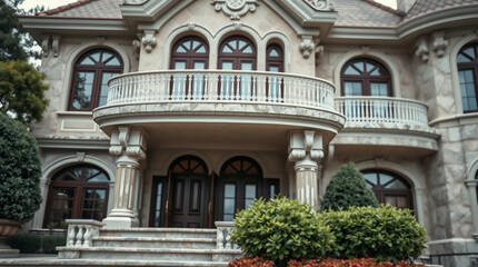 Obraz premium Detailed view of a grand stone house with large windows and a balcony, surrounded by landscaped greenery.