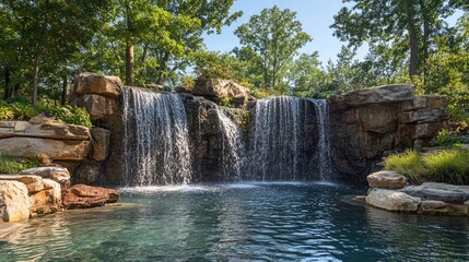 Serene waterfall flowing into a tranquil pool surrounded by lush greenery and natural rock formations in a secluded setting