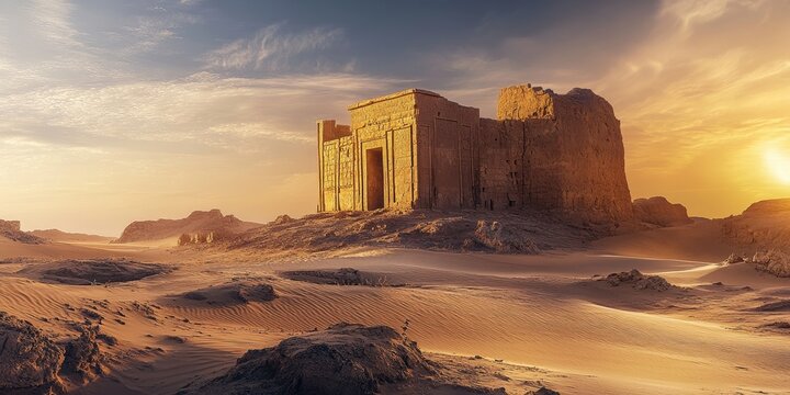 Tomb Lihyan Son of Kuza, also known as Qasr al Farid, stands as a remarkable landmark in the sandy desert landscape, bathed in morning sun, showcasing the beauty of archaeological sites in high