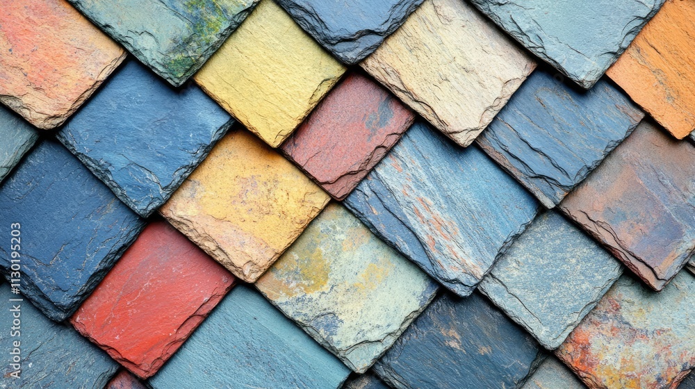 Poster colorful slate tiles background in a diagonal pattern showcasing a mix of earthy tones and textures 