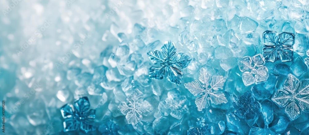 Poster macro shot of crystal clear snowflakes on a blue turquoise background with plenty of space for text 