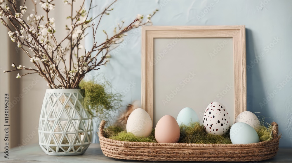 Poster hand painted eggs in pastel colors displayed in a basket with a geometric vase and branches on a lig