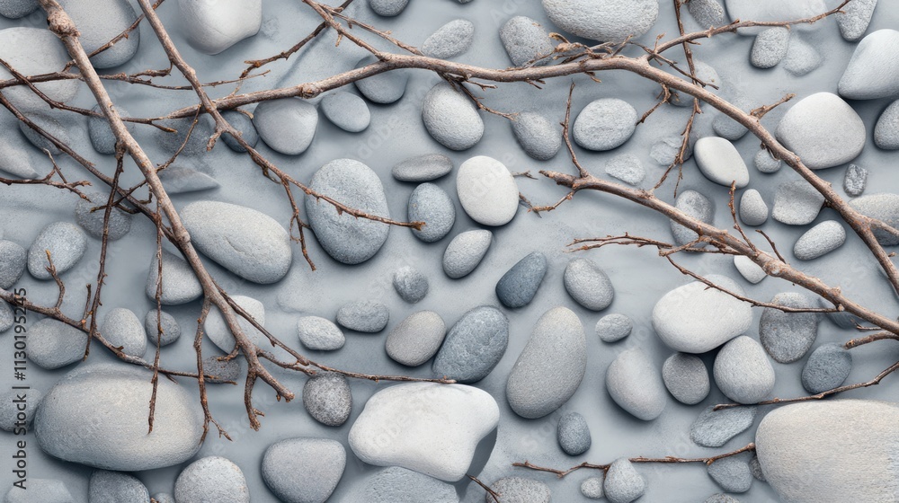 Poster natural textured background of smooth pebbles and twigs creating an earthy atmosphere for various de