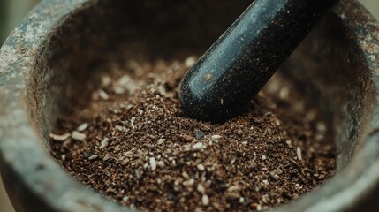 Close-Up of Ground Spices in a Traditional Mortar and Pestle