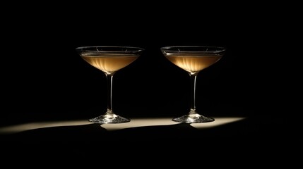 Elegant champagne coupes with a golden beverage illuminated against a dark backdrop for sophisticated product presentation or celebration themes.