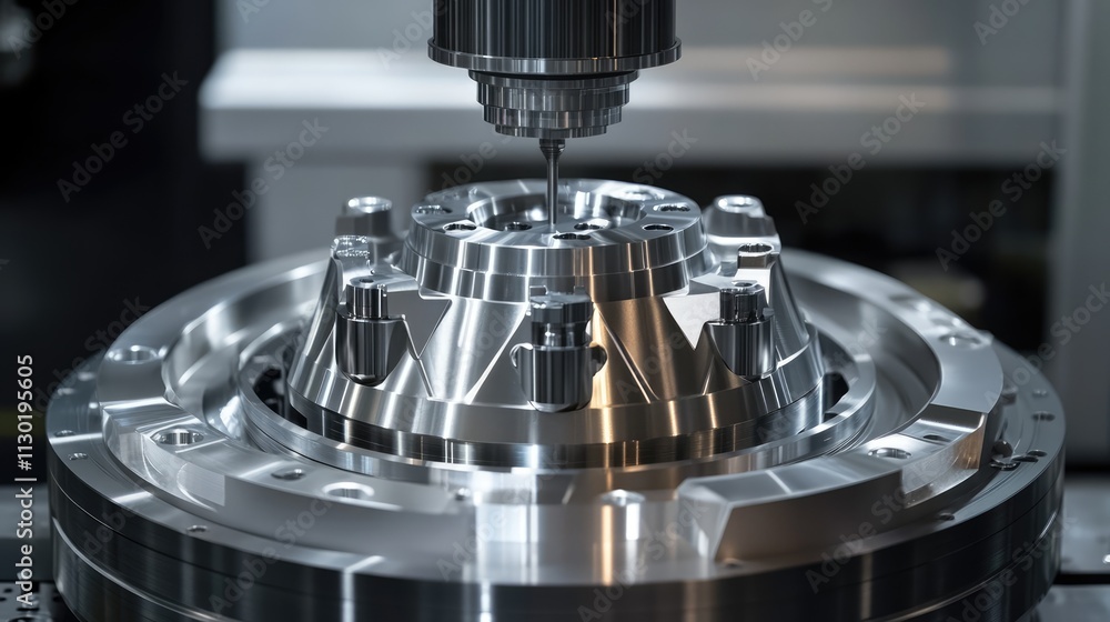 Poster high tech cnc machinery and robotic arm in modern manufacturing facility utilizing advanced automati