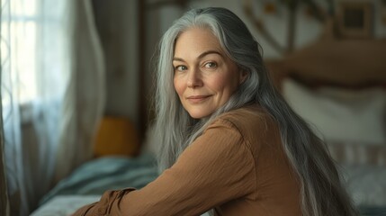 Obraz premium Mature woman with long grey hair sitting in a cozy bedroom smiling softly while looking over her shoulder in natural light
