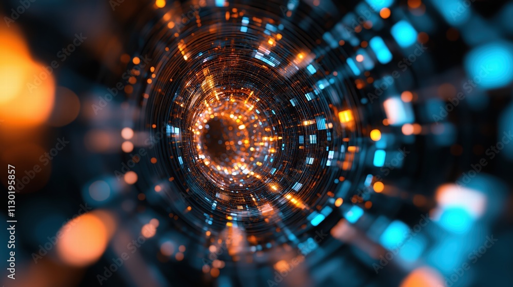 Poster a mesmerizing tunnel of light, featuring vibrant blue and orange patterns, creating a dynamic visual