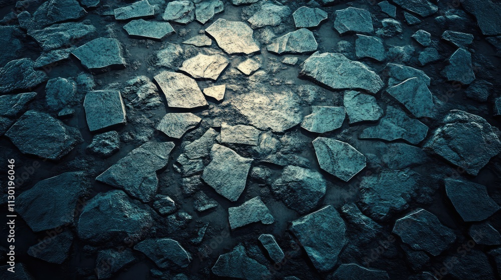 Poster dark stone rubble background with scattered irregular pieces forming a textured surface ideal for va