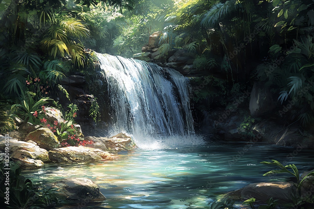 Poster a cascading waterfall flows into a still pool in a lush, tropical rainforest. sunlight filters throu
