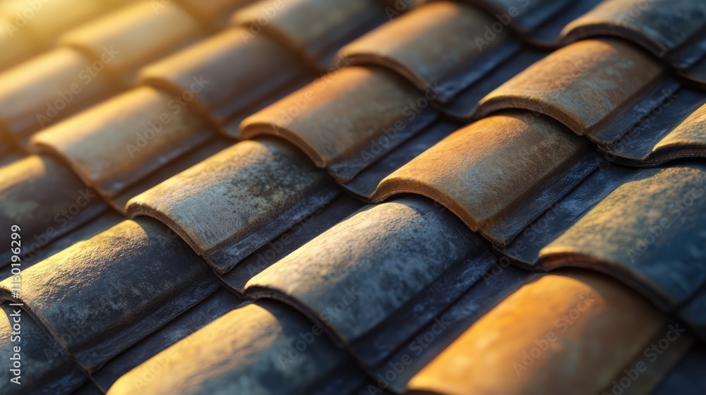 Poster textured close-up of weathered roof tiles showcasing rustic colors and patterns under warm sunlight 