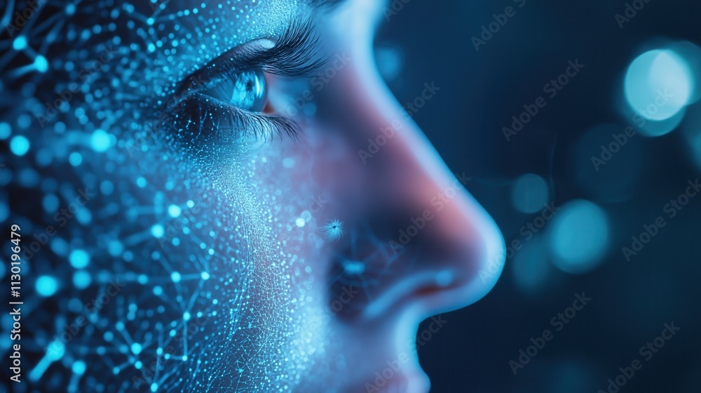 Poster a close-up of a woman's face illuminated with digital patterns, symbolizing technology and innovatio