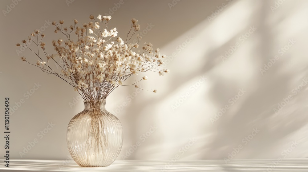 Poster transparent vase with dried flowers casting soft shadows on a neutral background featuring a glassmo