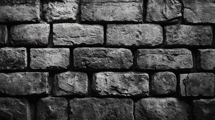 Naklejka premium Textured black and white background of weathered stone wall showcasing irregularly shaped brick surfaces and aged details.