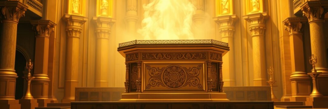 Golden altar of incense in Old Testament temple, made of pure gold, ornate design, religious symbol, symbol, golden, temple
