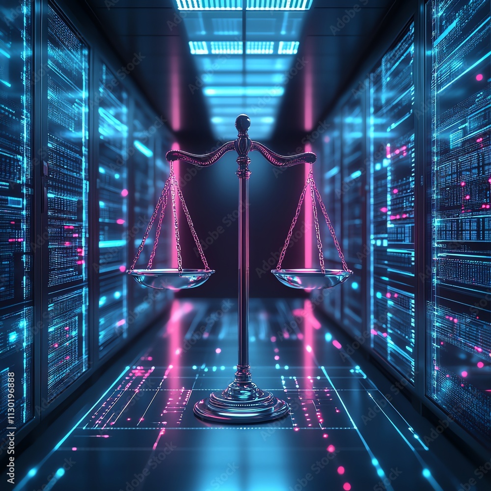 Poster a chrome scales of justice sits in the middle of a server room, symbolizing the importance of cybers
