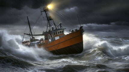 Obraz premium A Small boat in stormy sea rescuing person from water, spotlight illuminating rescue mission amidst crashing waves. 