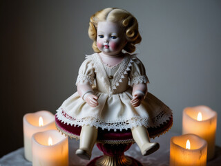 Fototapeta premium Delicately crafted porcelain doll, adorned with a lace-trimmed Victorian-style dress.