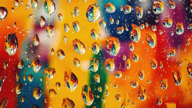 Colorful raindrops on glass surface creating a vibrant abstract texture background. Perfect for artistic or nature-themed projects.
