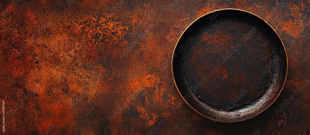 Aufkleber Aerial view of a rustic frying pan highlighting thin pancakes on a textured dark surface with ample copy space for creative designs