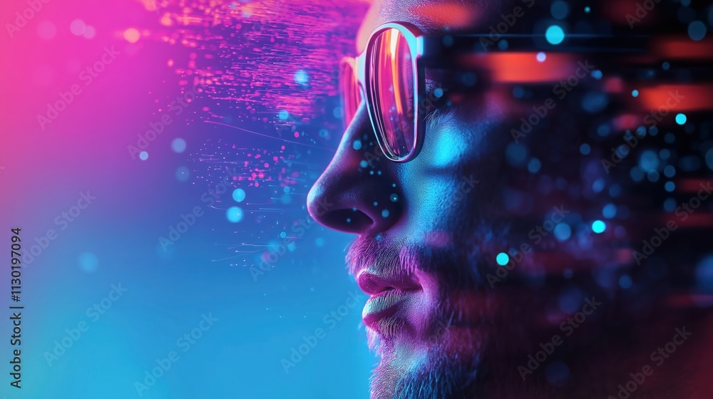 Poster a vibrant digital portrait of a profile view of a man wearing sunglasses, surrounded by colorful lig
