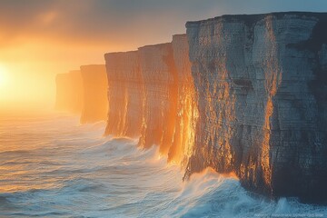 Majestic cliffs illuminated by golden sunset along the coastline with crashing waves beneath a...