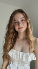 Natural Light Portrait of a Young Woman in a White Lace Dress with Loose Wavy Hair and Minimalist Background
