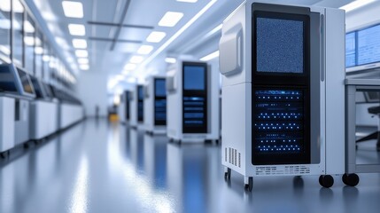 A modern server room featuring multiple computer racks with illuminated components, set in a sleek, high-tech environment.