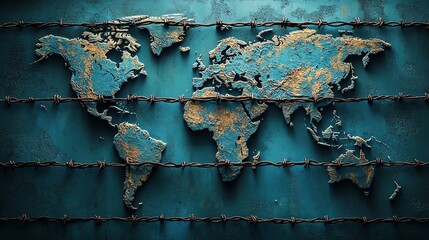 A world map with fences and barriers drawn between continents, trade fencing, economic protectionism concept