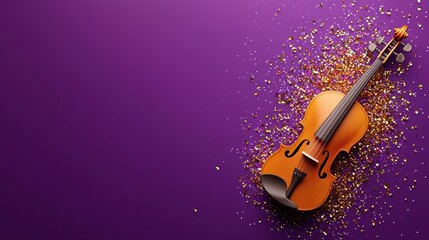 Fototapeta premium Festive Violin on Purple with Gold Glitter Music Celebration Party