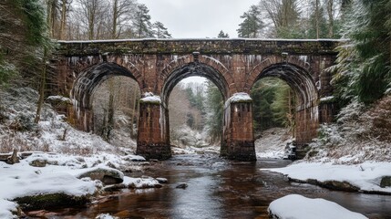 Snowy Railway Viaduct Over Big Water of Fleet Surrounded by Forest Park in Winter Landscape