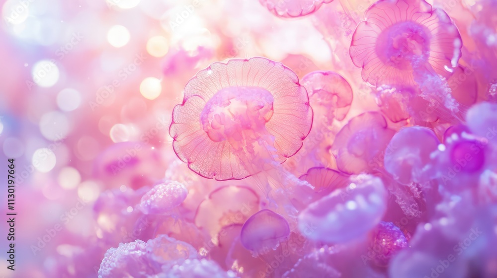 Poster a vibrant underwater scene featuring a dense grouping of ethereal pink jellyfish illuminated by soft