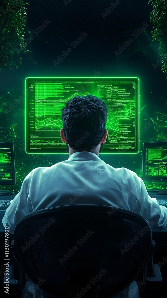 Poster cybersecurity analysis session high-tech lab digital art futuristic environment rear view data prote