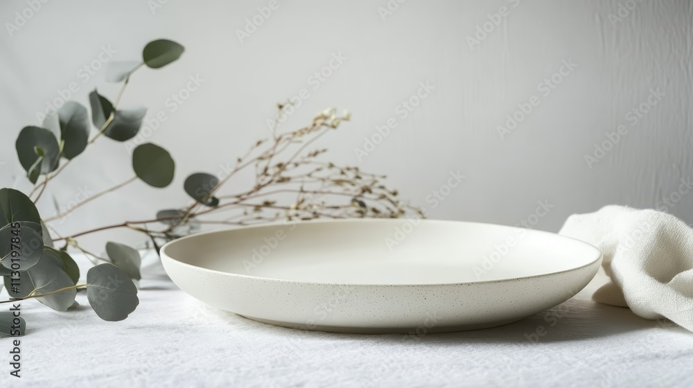 Poster minimalist table setting with empty white plate linen napkin and eucalyptus branches on light backgr