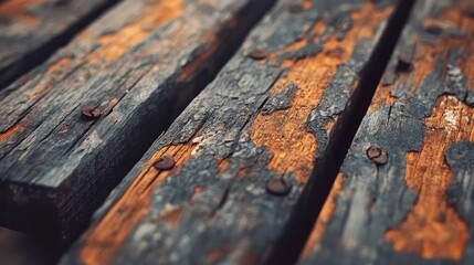 Fototapeta premium Weathered wooden surface with deep cracks, splinters, and rusted nails showcasing rich textures ideal for construction and design projects.