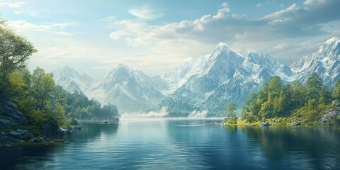 Fototapeta premium Scenic view of stunning landscapes featuring mountains and water, highlighting the beauty of nature in this captivating view. Experience the allure of nature with this breathtaking view.