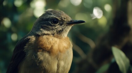 Selective focus portrait of a mockingbird perched in natural greenery showcasing its intricate feather details and captivating gaze.