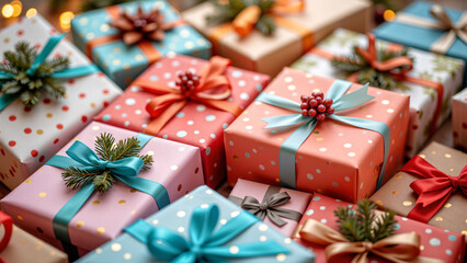 Beautifully wrapped gifts with colorful paper, ribbons, and festive decorations in a cozy pastel atmosphere