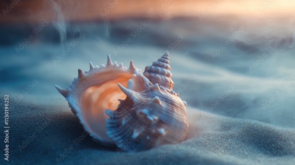 Poster seashell resting on sandy beach with soft light creating a tranquil coastal atmosphere